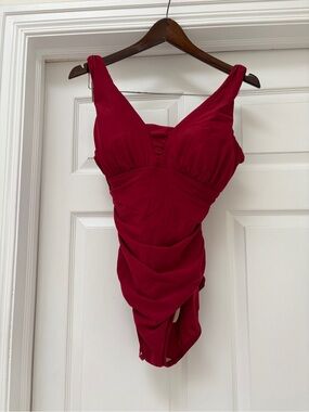 Lands' End Deep Red One-Piece Swimsuit with Ruched Front